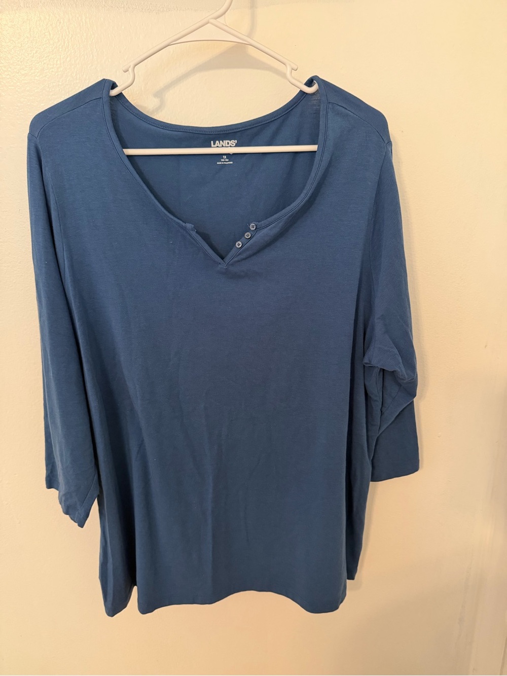 Lands' End Blue Henley-Style 3/4 Sleeve Tee